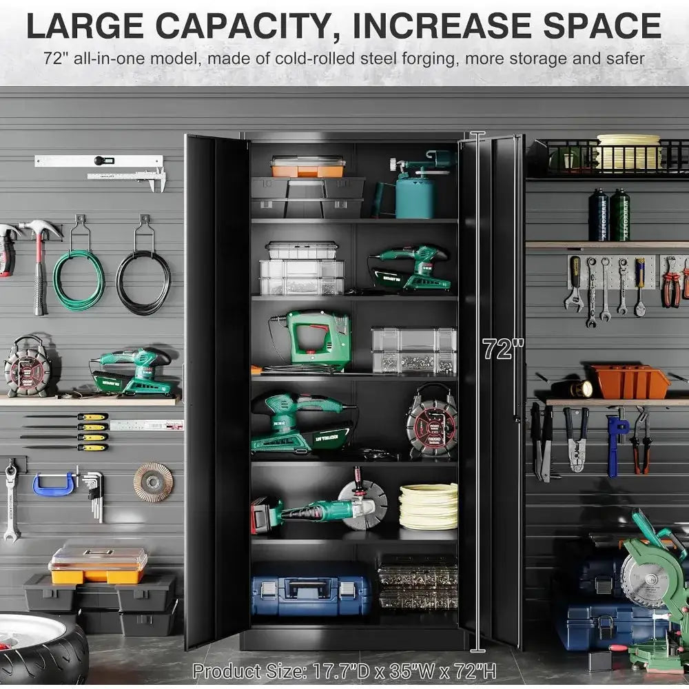 Metal Storage Cabinet with 2 Doors and 6 Shelves,72x36x18 Wide & Deep Garage Storage Cabinet,Tall Black Locking Metal Cabinets from PriceLows™
