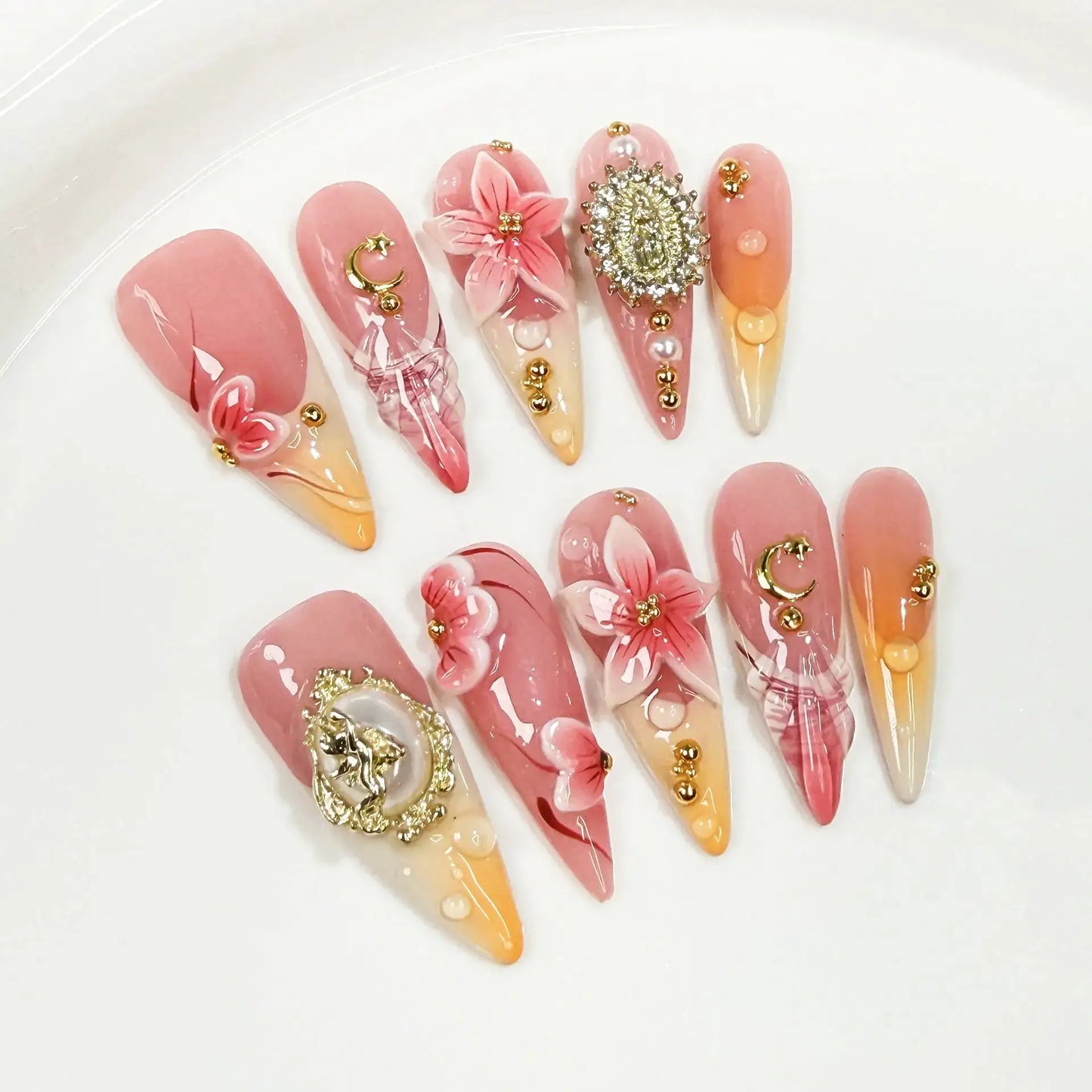 Acrylic Nails | Long Stiletto | Floral Rhinestone Design | 10 Pieces
