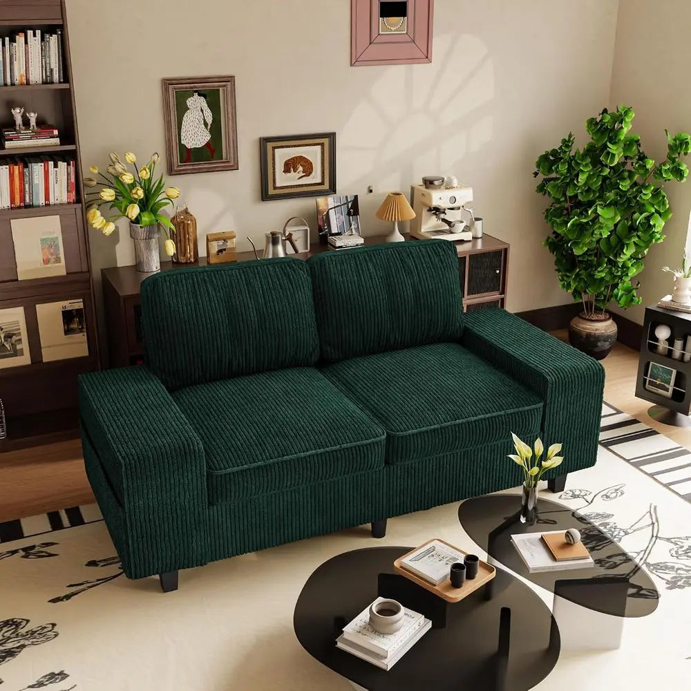 Retro Corduroy Loveseat | Corduroy Fabric | 4 Side Pockets | Green