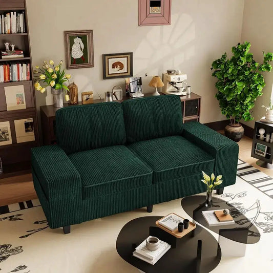 71 Retro 2-Seater Corduroy Loveseat with 4 Side Pockets, Removable Washable Cushions, Modern Living Room Sofa (Green) from PriceLows™