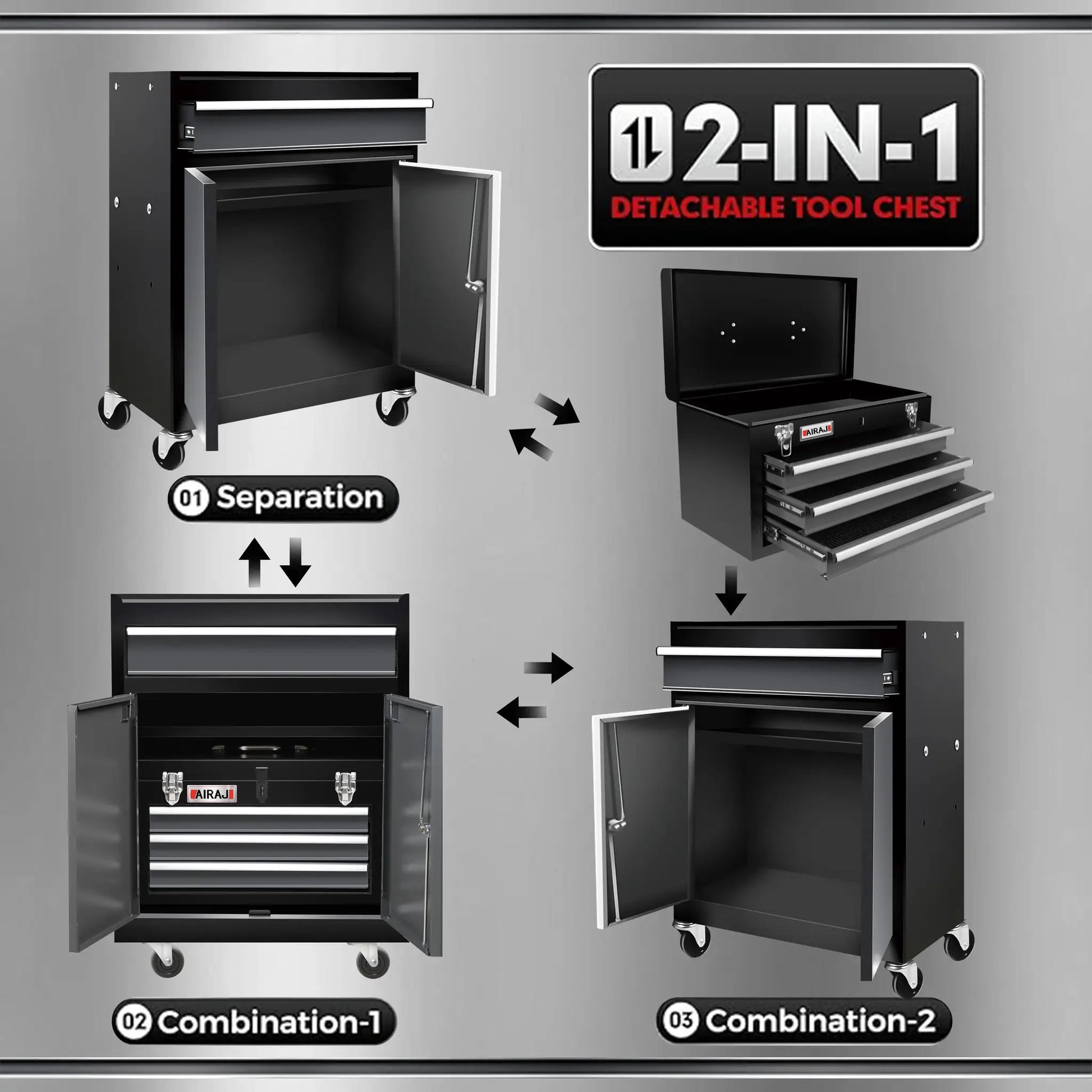 Double door four drawer rolling tool chest, lockable detachable top large tool cabinet, padded metal toolbox from PriceLows™