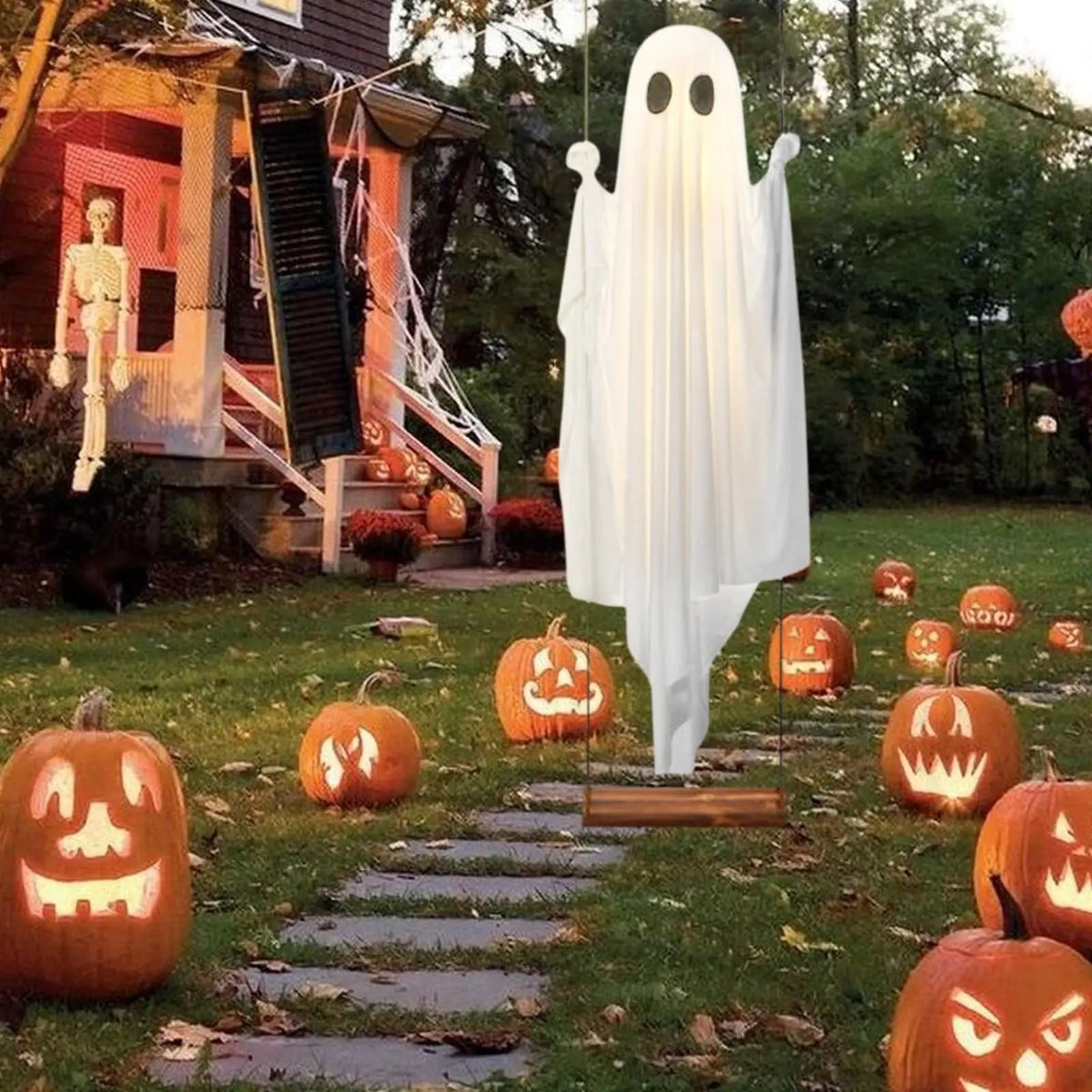 Hanging Ghost Halloween Ornament | Silk Fabric | String Light | Porch Decor