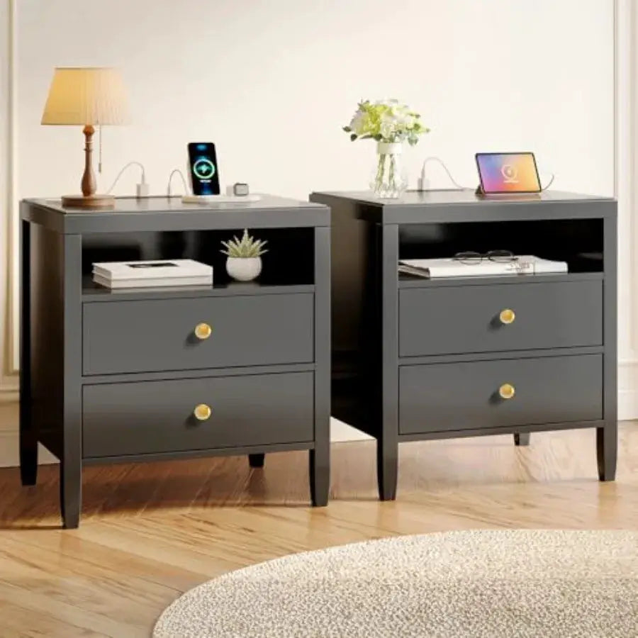 Nightstand Set of 2, Night Stand with Charger Station, Bedside Table with 2 Drawers, Bed Side Tables for Bedroom, Modern Nights from PriceLows™