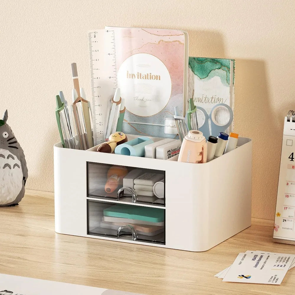 Pen Organizer Desk | 2 Drawer | 5 Compartments | White