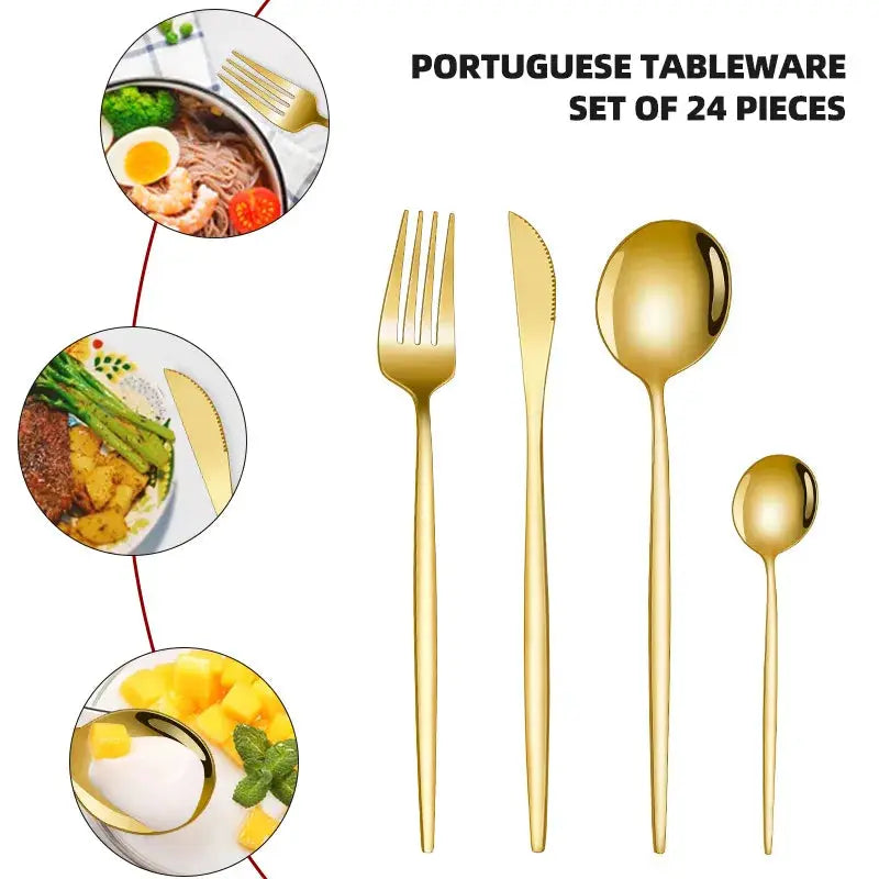 24Pcs Black Handle Golden Cutlery Set Stainless Steel Knife Fork Spoon Tableware Flatware Set Festival Kitchen Dinnerware Gift from PriceLows™