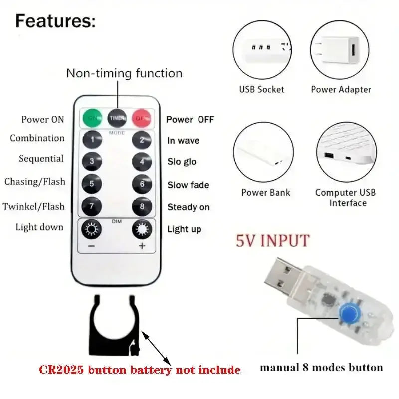 Holiday LED Curtain Light String USB Powered 8 Modes Christmas New Year Party Lights Home Wedding Birthday Room Decor Aesthetic from PriceLows™