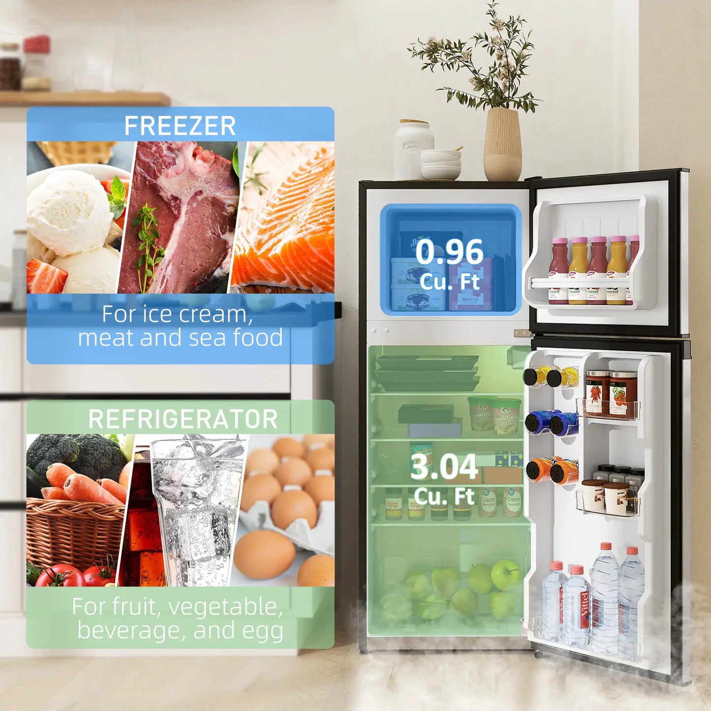 Black & Silver 2 Door Mini Fridge with Freezer, Compact Refrigerator (-4℉~10.4℉ Freezer & 28.4℉~50℉ Fridge), for Bedroom, Dorm, Office, Apartment, Keep Food & Drinks Fresh from PriceLows™