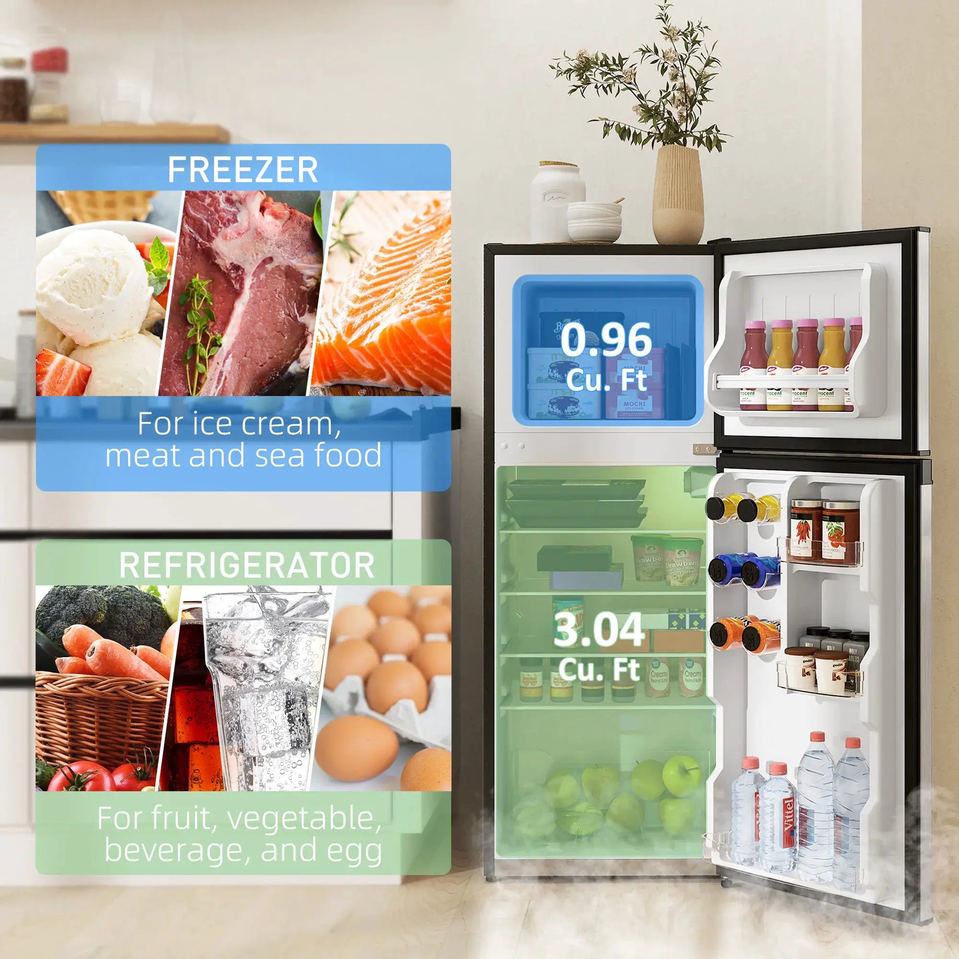 Black & Silver 2 Door Mini Fridge with Freezer, Compact Refrigerator (-4℉~10.4℉ Freezer & 28.4℉~50℉ Fridge), for Bedroom, Dorm, Office, Apartment, Keep Food & Drinks Fresh from PriceLows™