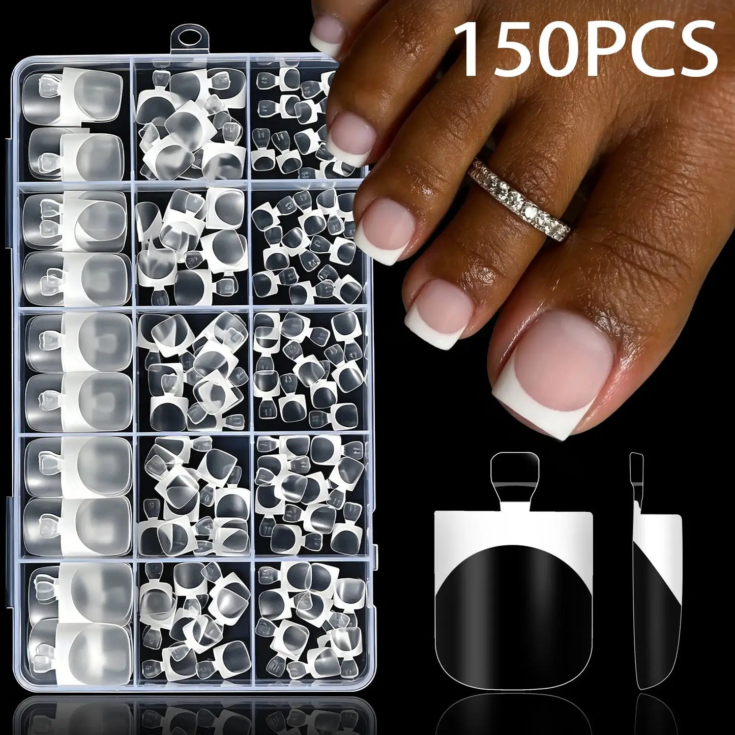 Press On Toenails | Short Square Shape | French White Tips | 150 Pcs Set