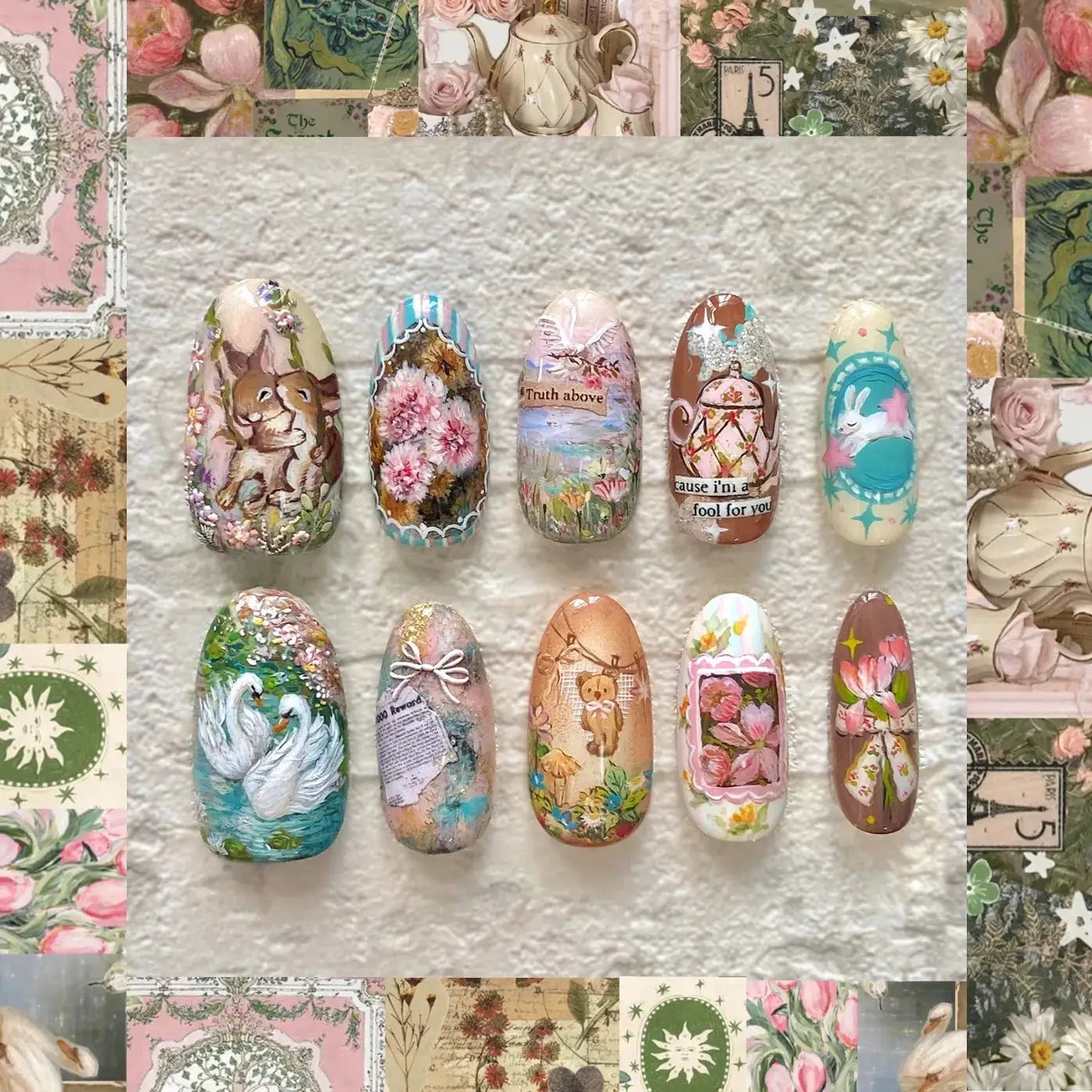 Press On Nails | Wine Red Blush | Flower Print | 24 Piece Set