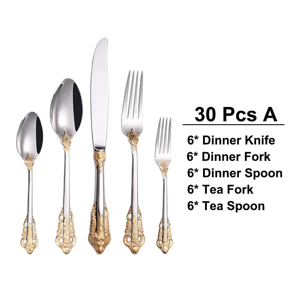 30 Pieces Gold Plated Luxury Cutlery Set Stainless Steel Vintage Western Tableware Sliver Knife Spoon Fork Set Kitchen Utensils from PriceLows™