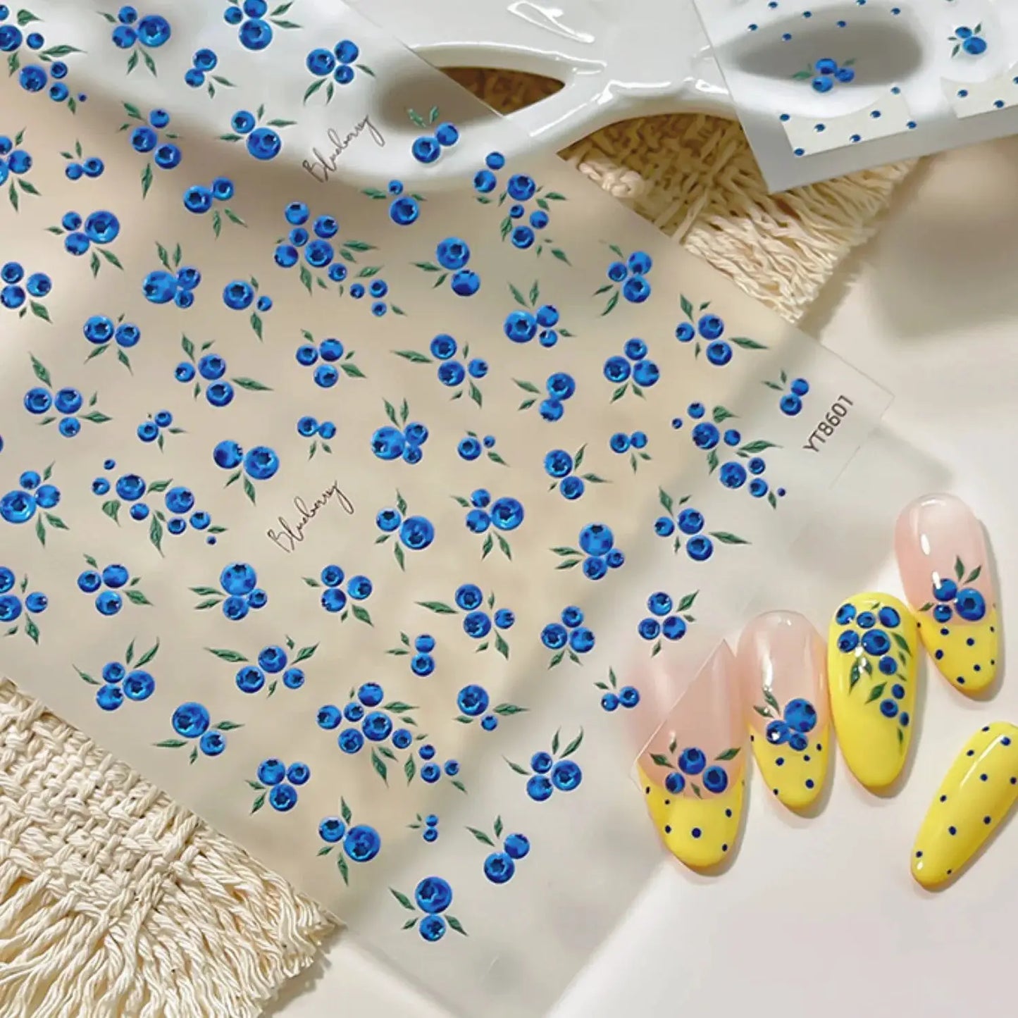 5D Hand Painted Nail Sticker Pastoral Blueberry Green Leaves Summer Fresh Style Self-adhesive Nail Decals Fruit Floral Manicure from PriceLows™
