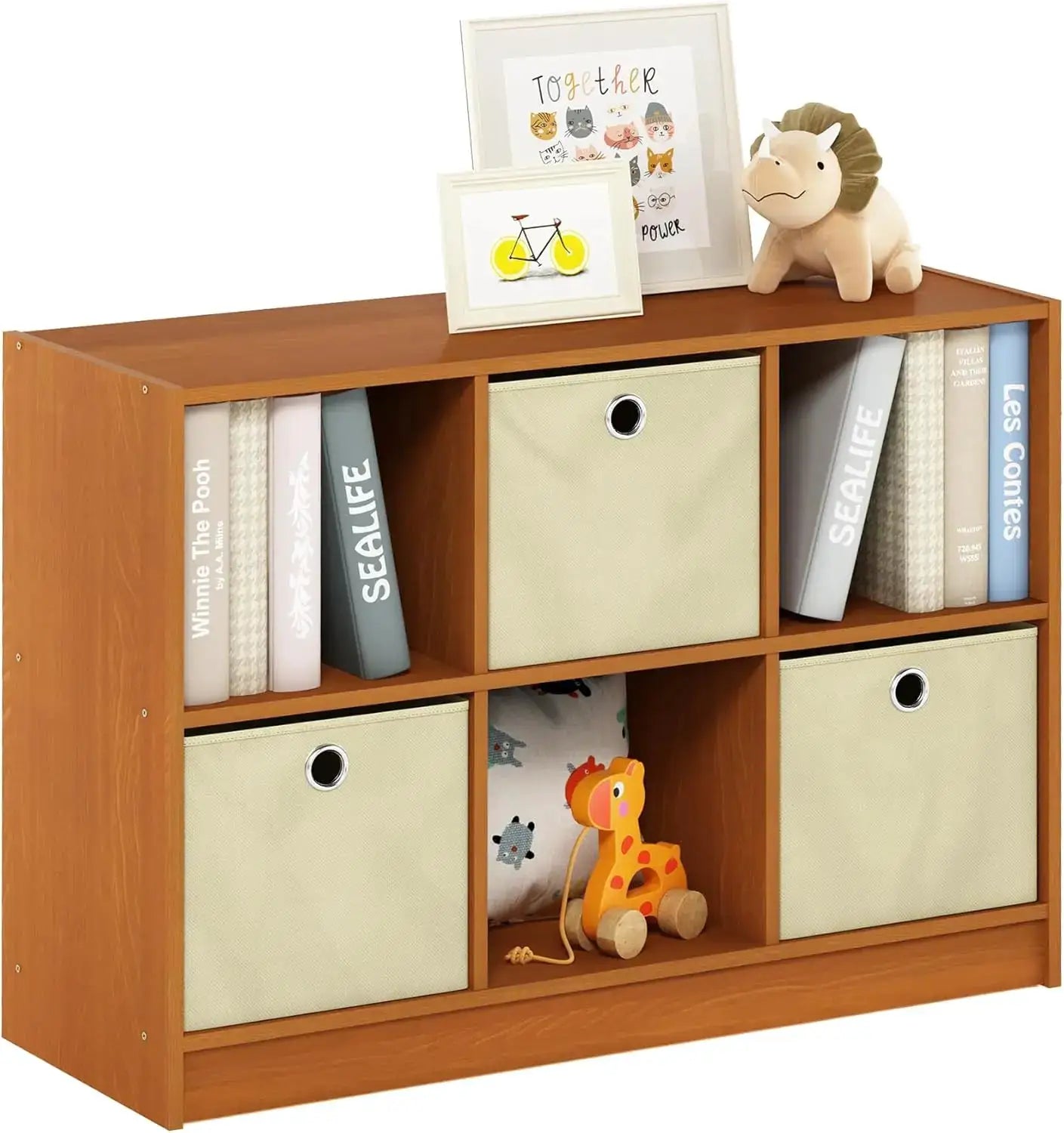 3x2 Cube Bookcase with Storage Bins, Light Cherry/Ivory Finish - 6-Cube Organizer for Home & Office from PriceLows™