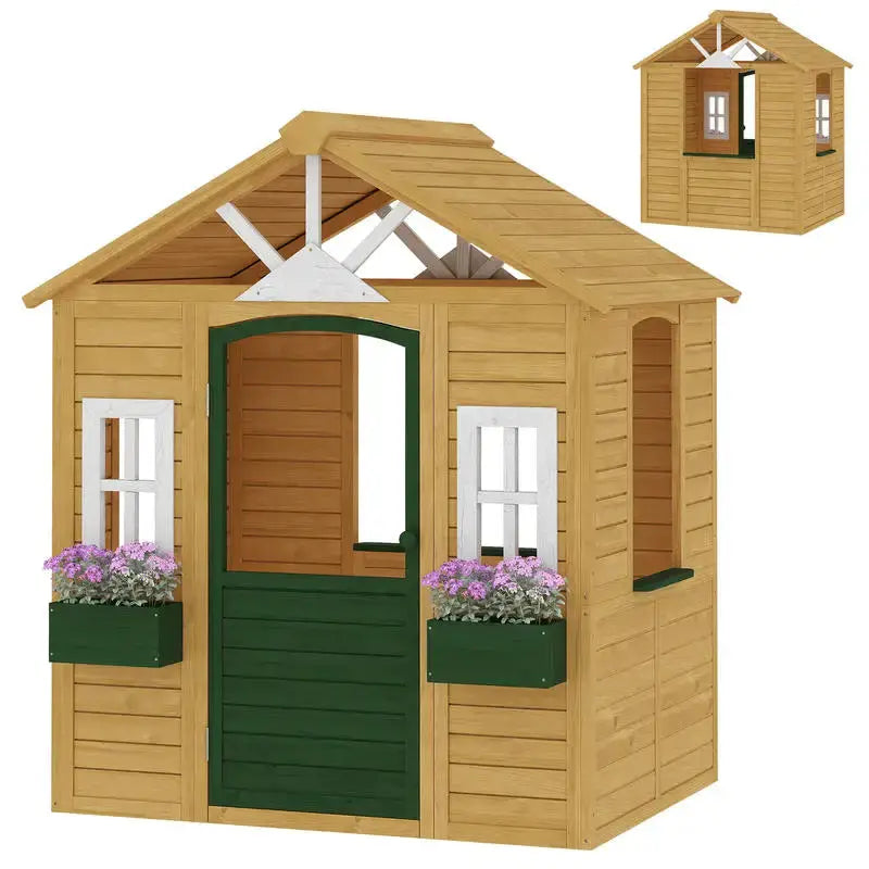 Qaba Outdoor Playhouse, Wooden Kids Playhouse with Door, 3 Windows, 2 Flower Boxes for Garden, Indoor Playroom, Ages 3–8 from PriceLows™