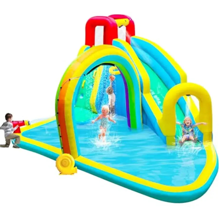 Inflatable Water Slide Park with Air Blower Bouncer House Rainbow Sprinkler Bouncy Castle for Climbing Wall Splash Pool from PriceLows™