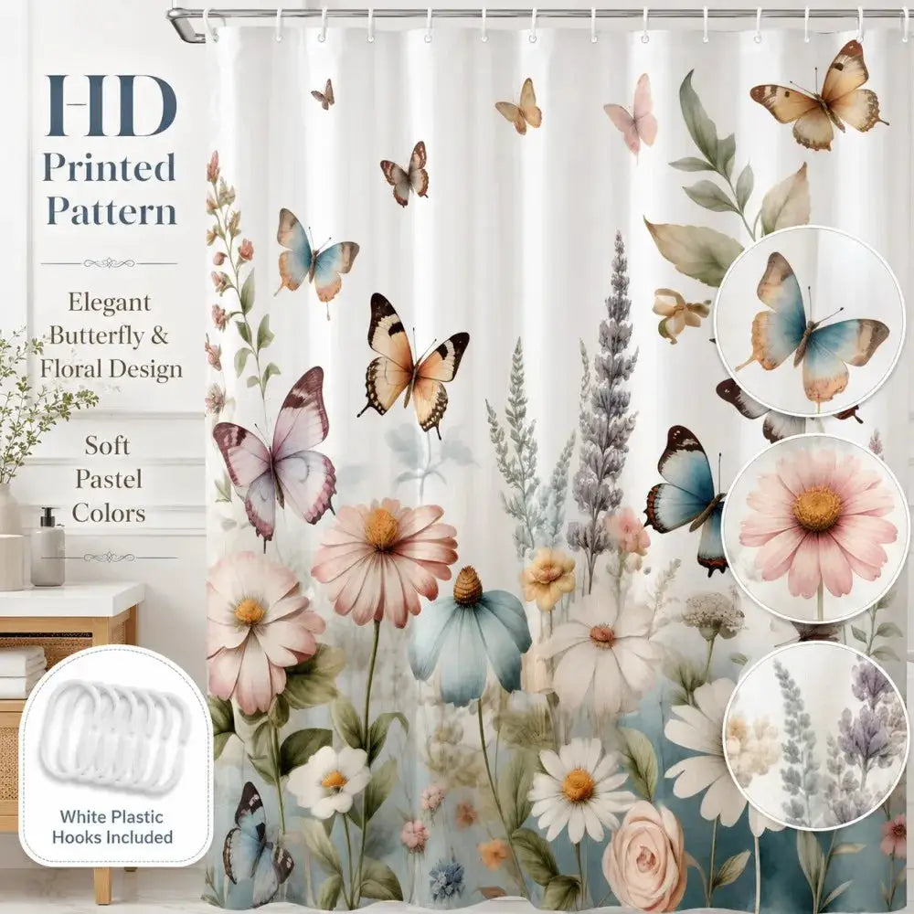 Butterfly Floral Shower Curtain Daisy Flower Print Bath Screen Waterproof Polyester Bathroom Decoration Set All Season Universal from PriceLows™