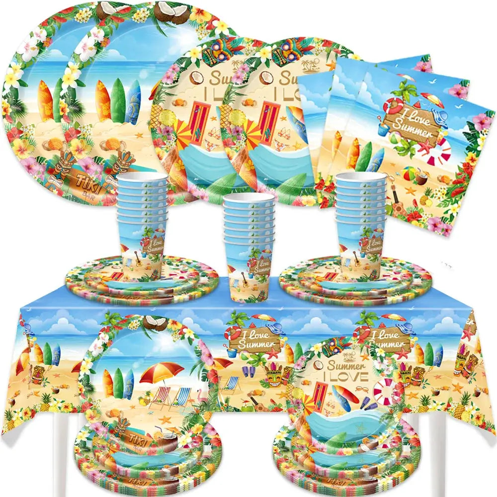 Summer Beach Party Tableware Set | Paper Plates Cups Napkins With Tablecloth