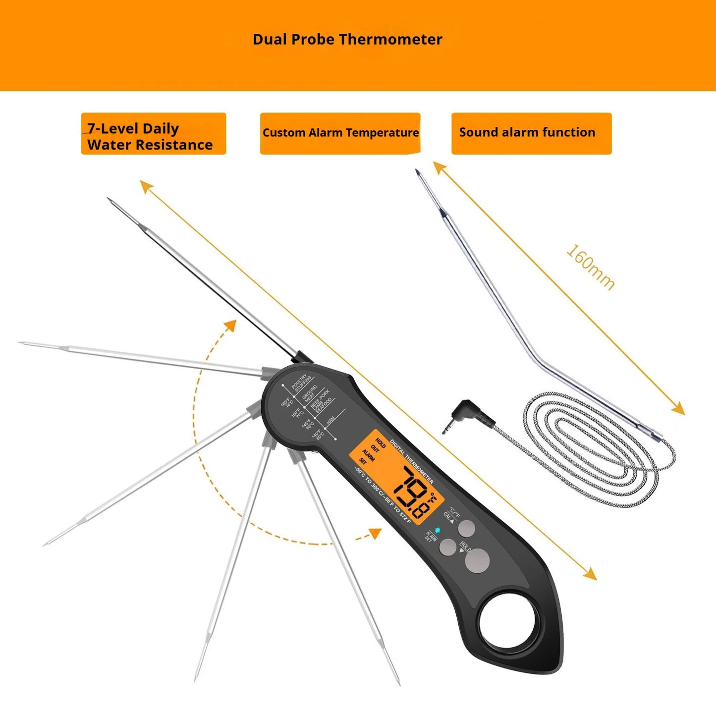 Meat Thermometer | 2 Probes | Long Cable | Waterproof