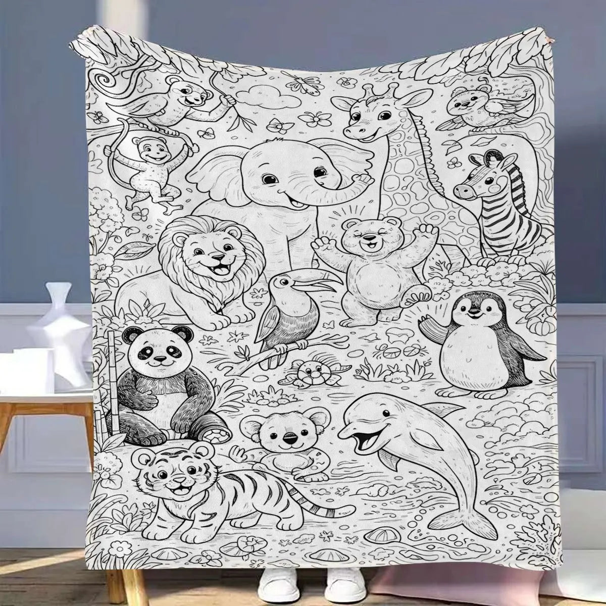 Throw Blanket | Coloring Book Jungle Ocean Line Art | 100% Polyester | One Size