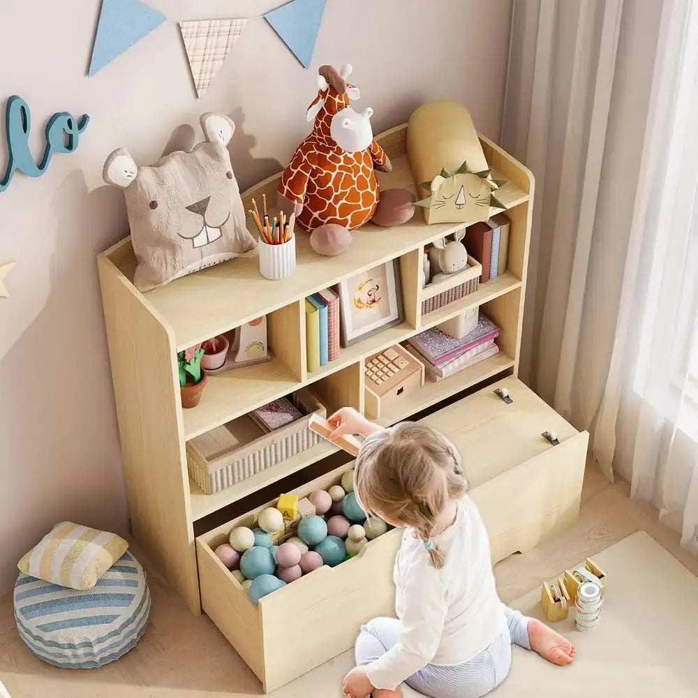 Children's Bookcase and Toy Storage Organizer with Movable Drawers, Natural Finish from PriceLows™