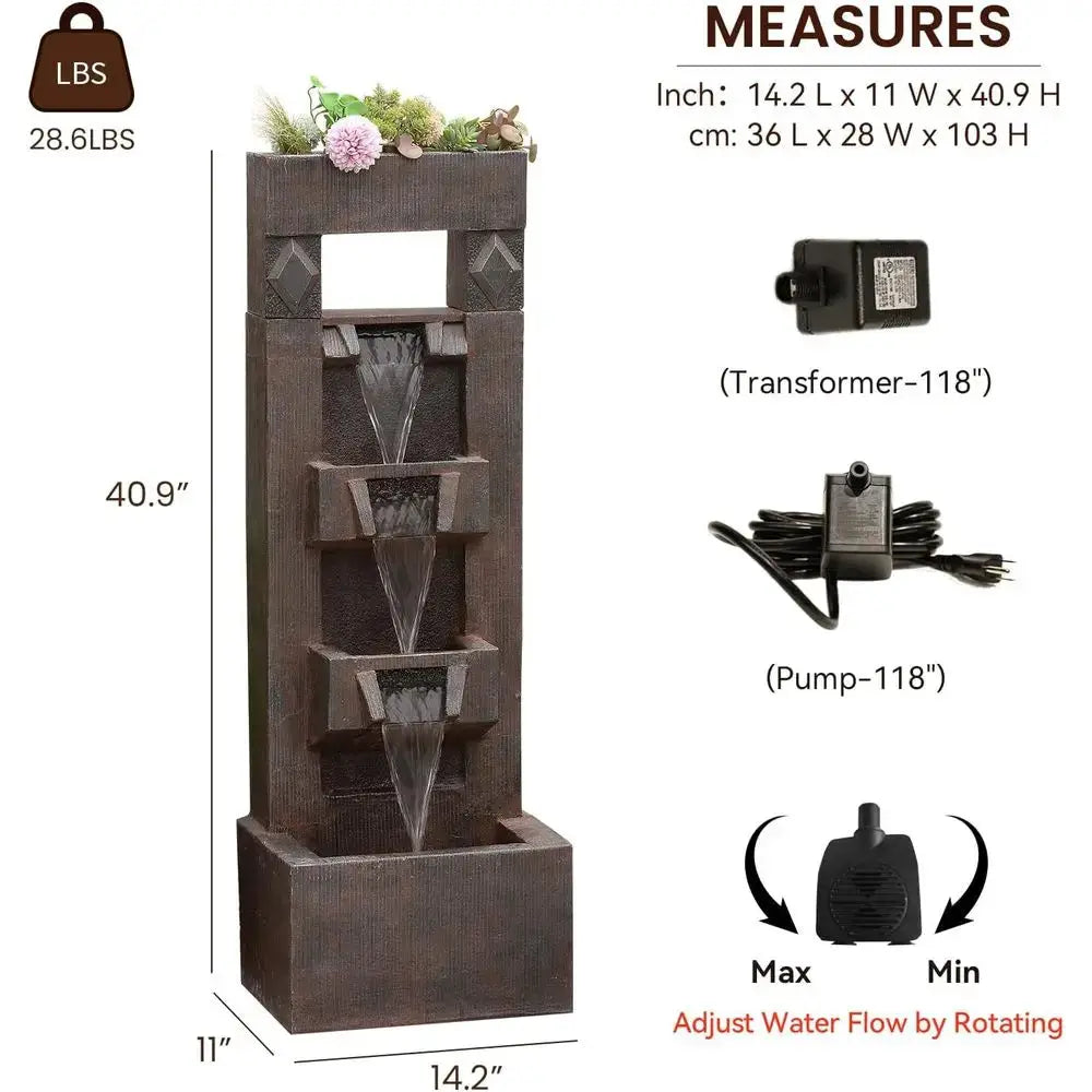 40.9 4-Tier Modern Outdoor Water Fountain with LED Lights, Suitable for Garden, Patio, Yard (Brown) from PriceLows™