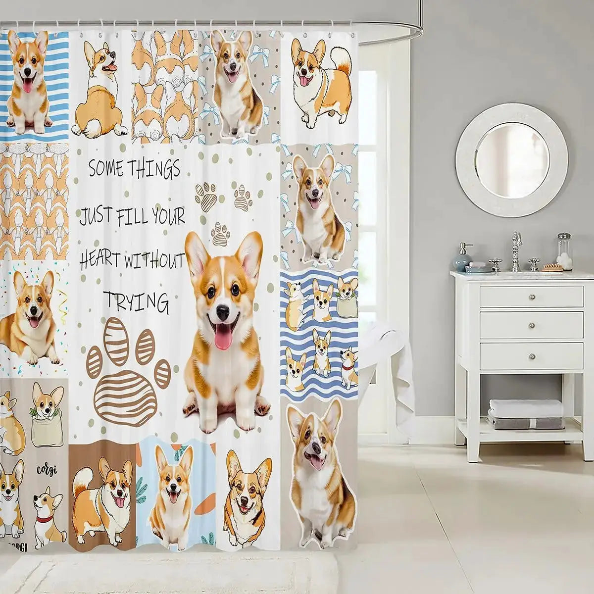 Kawaii Corgi Shower Curtain Kids Cute Dog Puppy Bath Curtain Girls Boys Women Men Buffalo Check Grid Geometric Bathroom Shower from PriceLows™