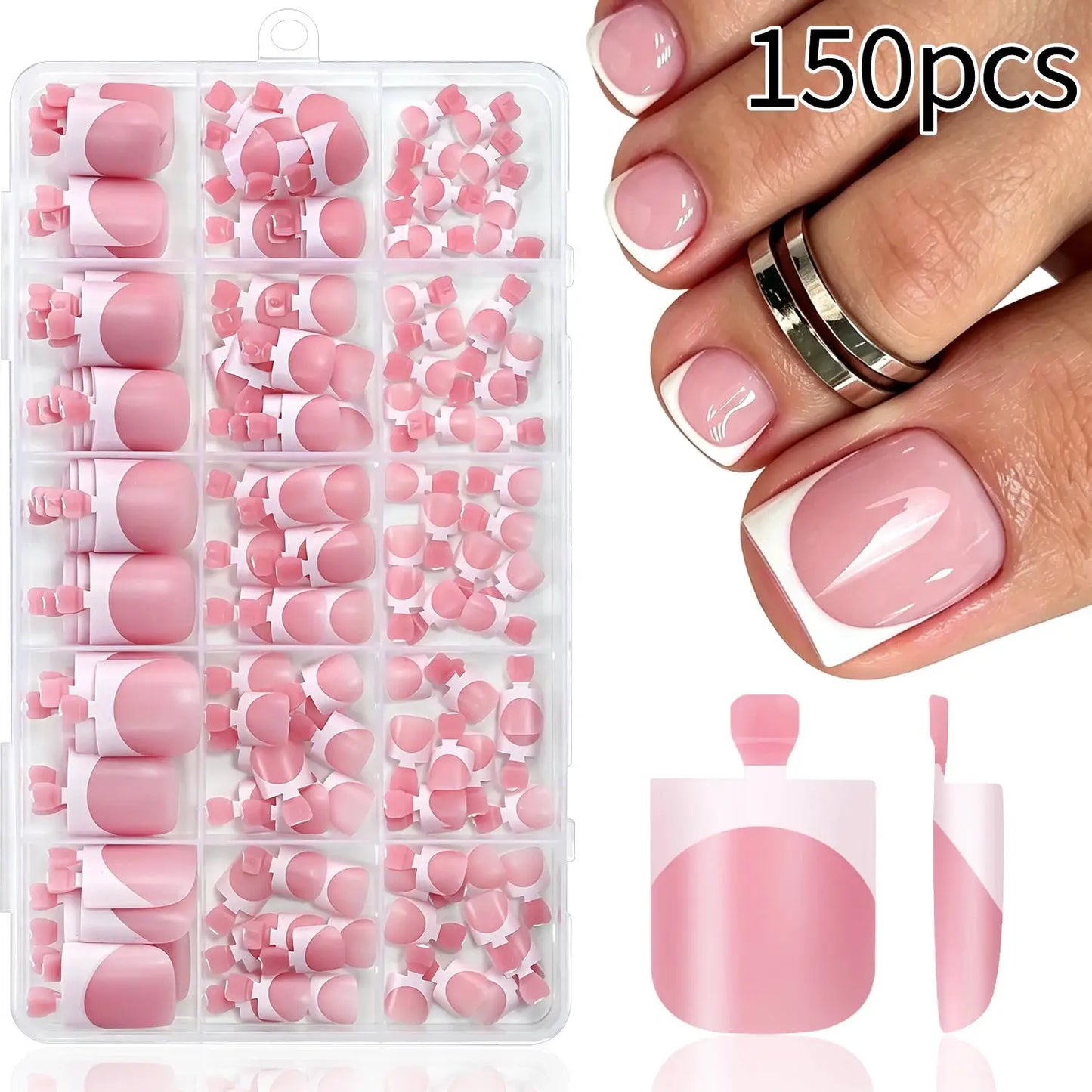 Press On Toenails | Short Square Shape | French White Tips | 150 Pcs Set