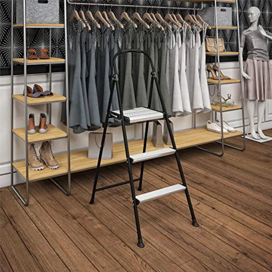 Lightweight Three-Step Folding Step Stool for Home Use - Large Platform One-Hand Release Non-Marring Leg Tips Aluminum and Stee from PriceLows™