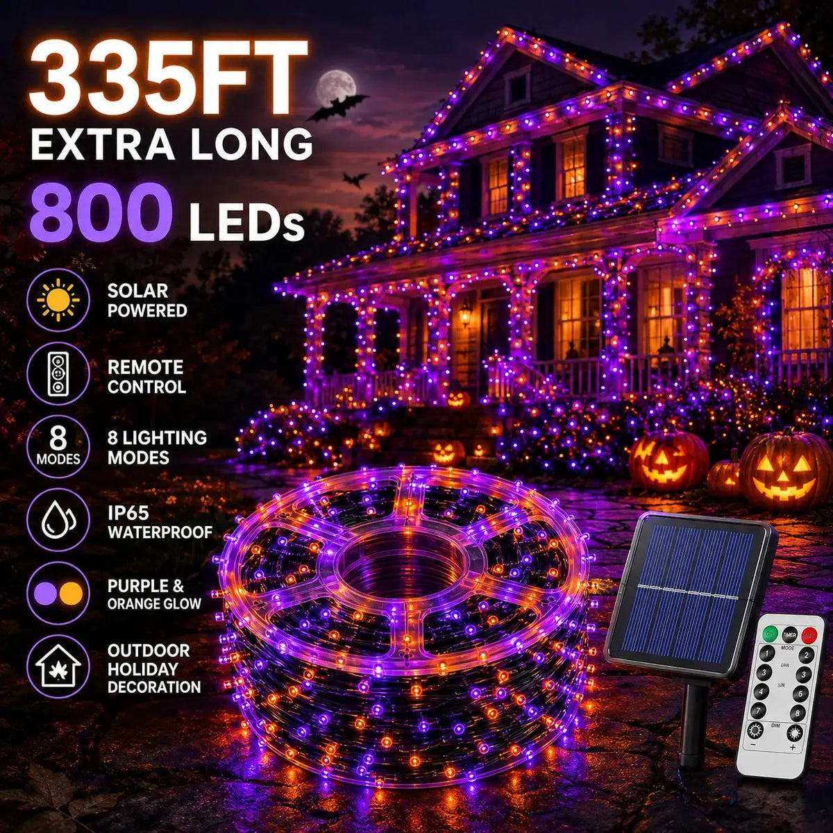 Halloween Solar String Lights | 335 Ft Length | 800 LED Bulbs | With Remote