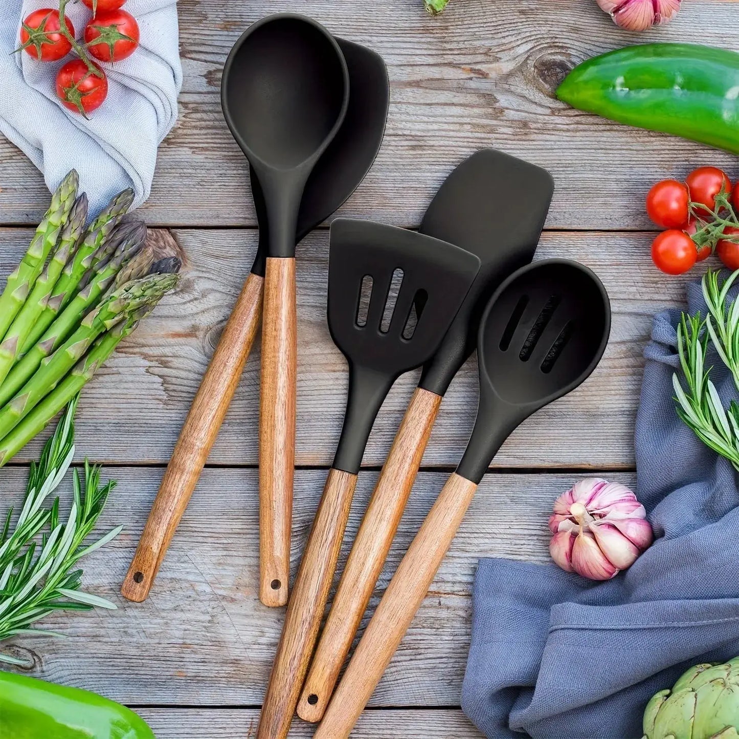 5pcs Silicone Kitchen Utensils Set Heat Resistant Cooking Baking Utensils Set With Wooden Handle, BPA Free,Kitchen Accesso from PriceLows™
