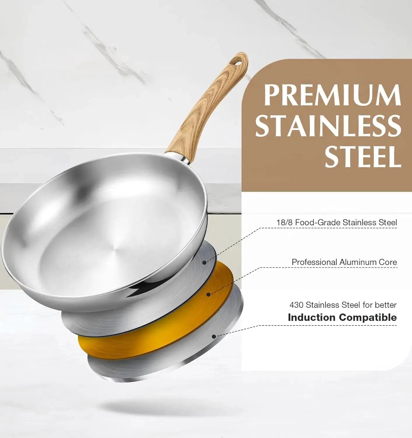 KOCH SYSTEME CS Stainless Steel Frying Pan Set of 3, 8"&10"&12" Stainless Steel Pans Set with Heat-resistant Bakelite Handle from PriceLows™
