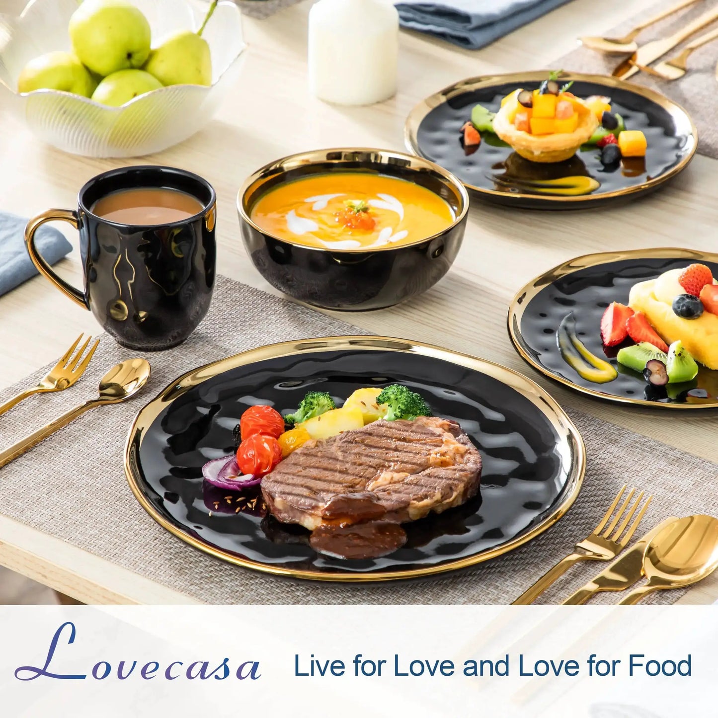 LOVECASA 16/32 Piece Black Porcelain Dinnerware Set with Gold Trim Dessert Plate,Dinner Plate,Cup,Bowl Tableware Set from PriceLows™