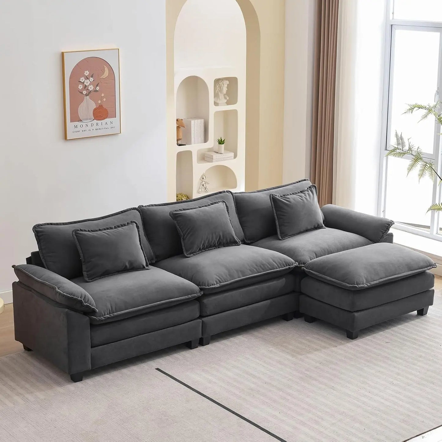 Sectional Sofa | L-Shaped With Ottoman | Chenille Fabric | Seating For Four