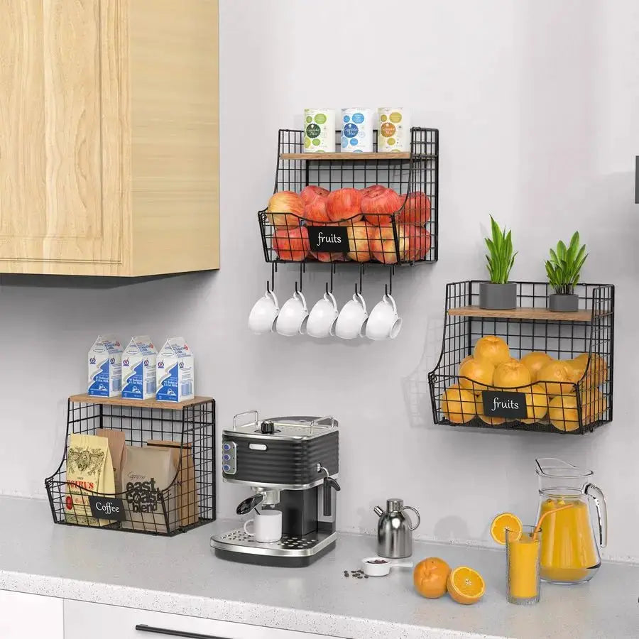 Pack Fruit Basket for Kitchen with Wood Lid CounterampWall Mounted Onion and Potato Storage with Nameplate, Stackable Storage Ba from PriceLows™