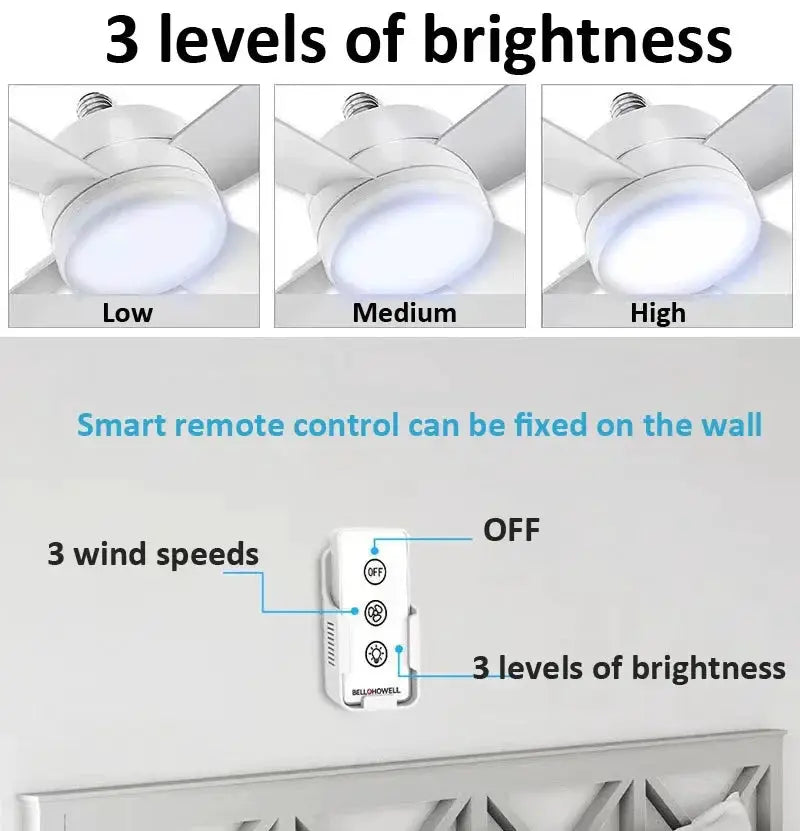 Ceiling Fan | Led Light E27 30W Socket | Remote Control | 1000Lm 5000K