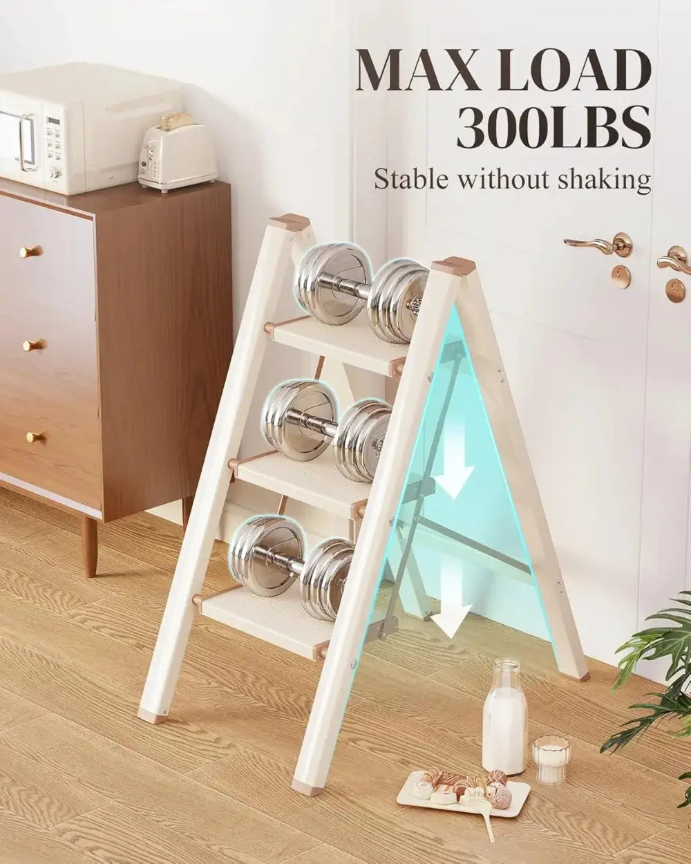 3 Step Ladder, Folding Step Stool with Wider Pedal, Anti-Slip Feet & Strips, Aluminum, 300Lbs Capacity, Cream Chocolate from PriceLows™