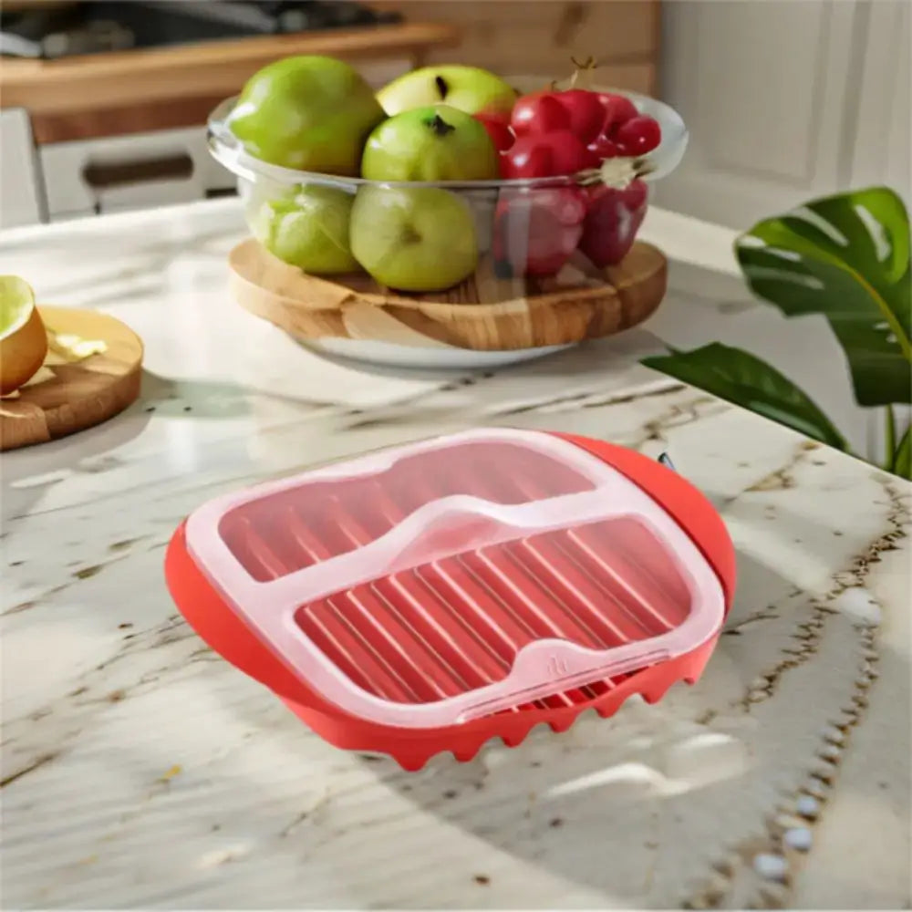 Microwave Bacon Pan | With Lid | Red Wave Nonstick Design | 27.5x24.5x6.5 cm