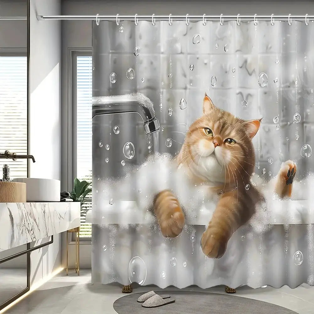 1pc Shower Curtain - Adorable Orange Cat in a Bathtub with Bubbles and Water Drops Design Waterproof from PriceLows™