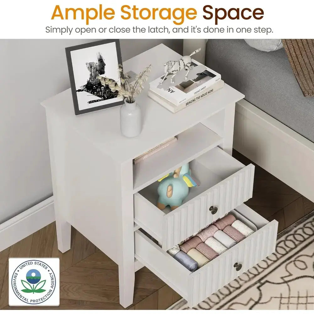 Dual Drawer White Nightstand Set with Charging Station and Storage Shelf for Bedroom from PriceLows™