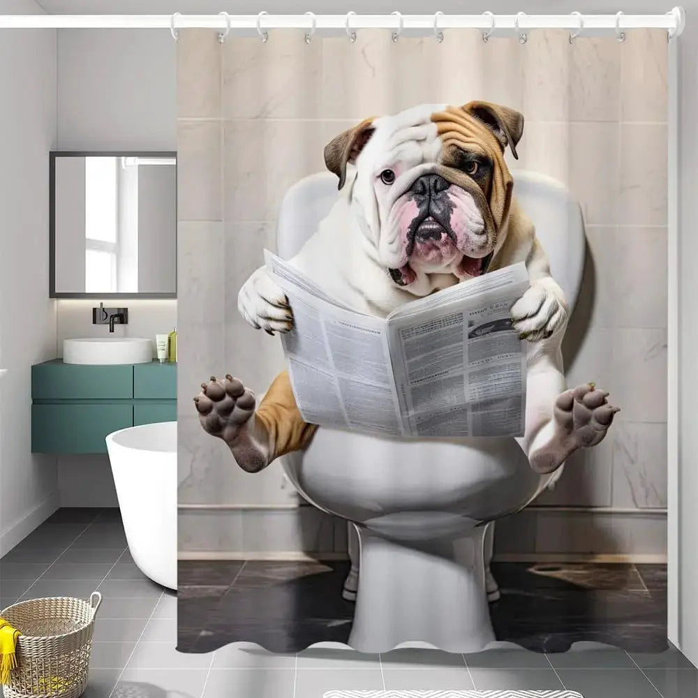 Funny Boxer Dog Bath Shower Curtain,Cute Dogs Reading Newspaper on Toliet Bathroom Curtain Washable Cloth Kids Shower Curtain from PriceLows™