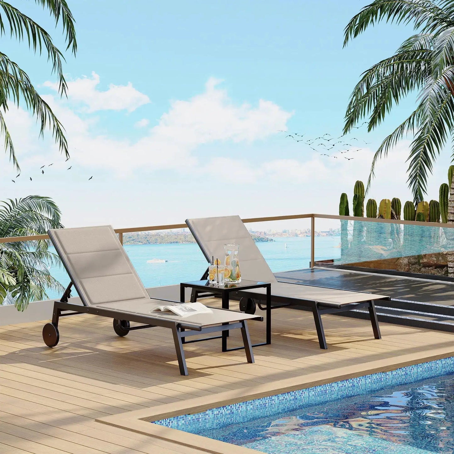 atio Textile Chaise Lounge Chairs with Side Table, Set of 3 Outdoor Chaise Lounge Set with Wheels, 5-Level Backrest Pool Lounger from PriceLows™