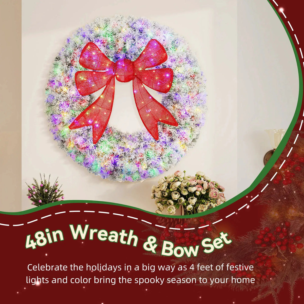 Artificial Christmas Wreath | 48 Inch Flocked | Pre Lit Bulbs | Red Bow Center
