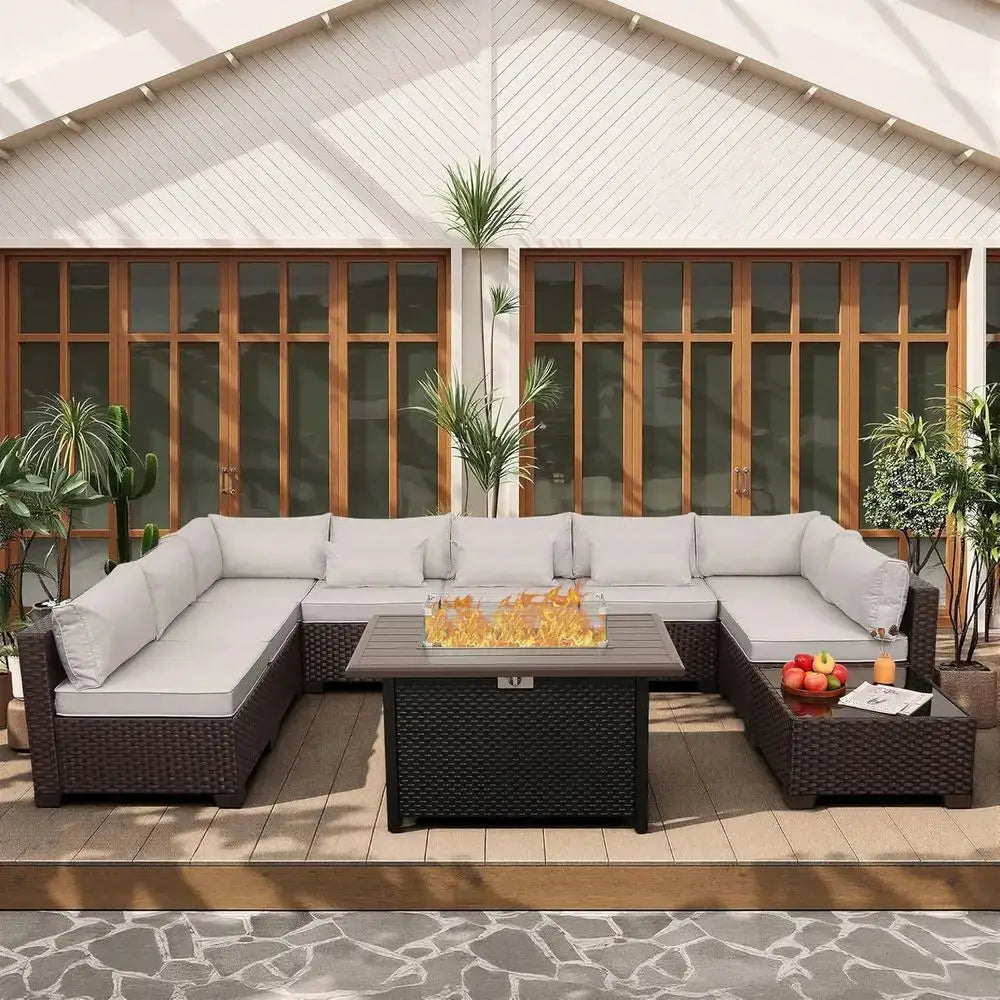 10-Piece Outdoor Wicker Sectional Patio Furniture Set with Cushions and Fire Pit Table, Beige from PriceLows™