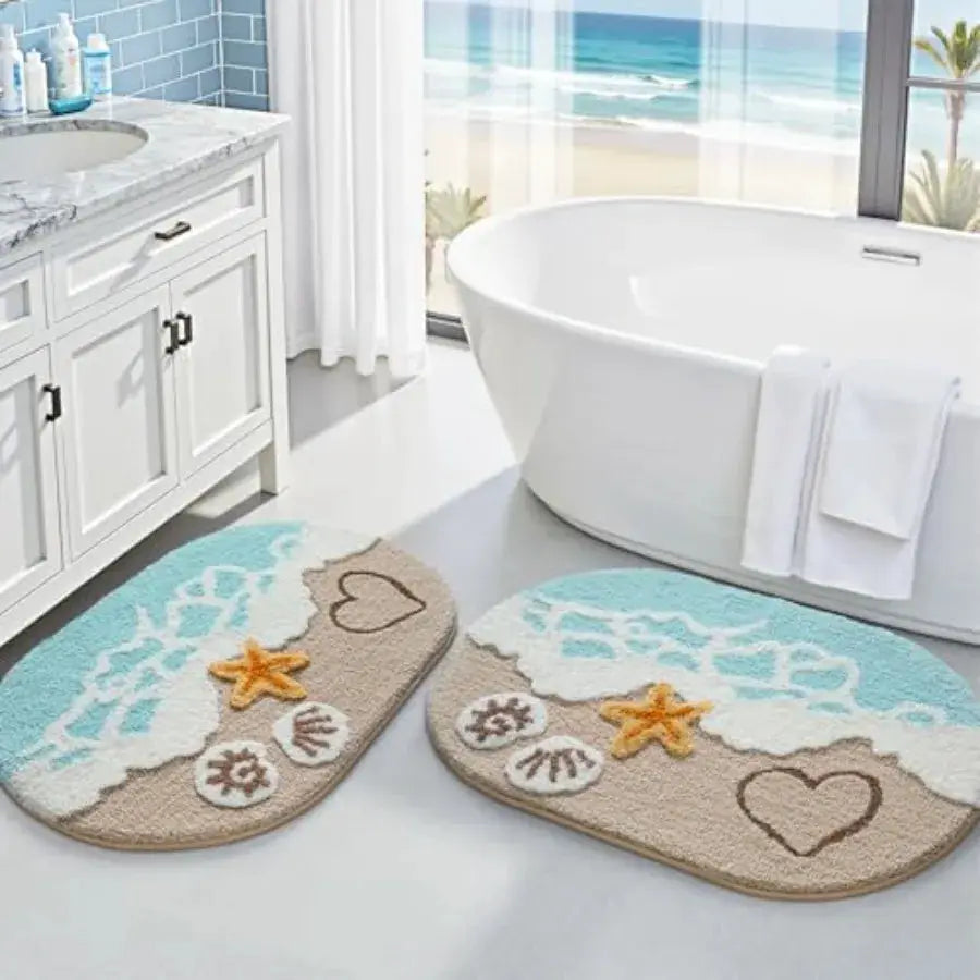 2 Pcs Beach Bathroom Rugs Set Non Slip Bath Mat Ultra Soft Washable Absorbent Quick Dry Ocean Sea Theme Bath Rug with Starfish from PriceLows™