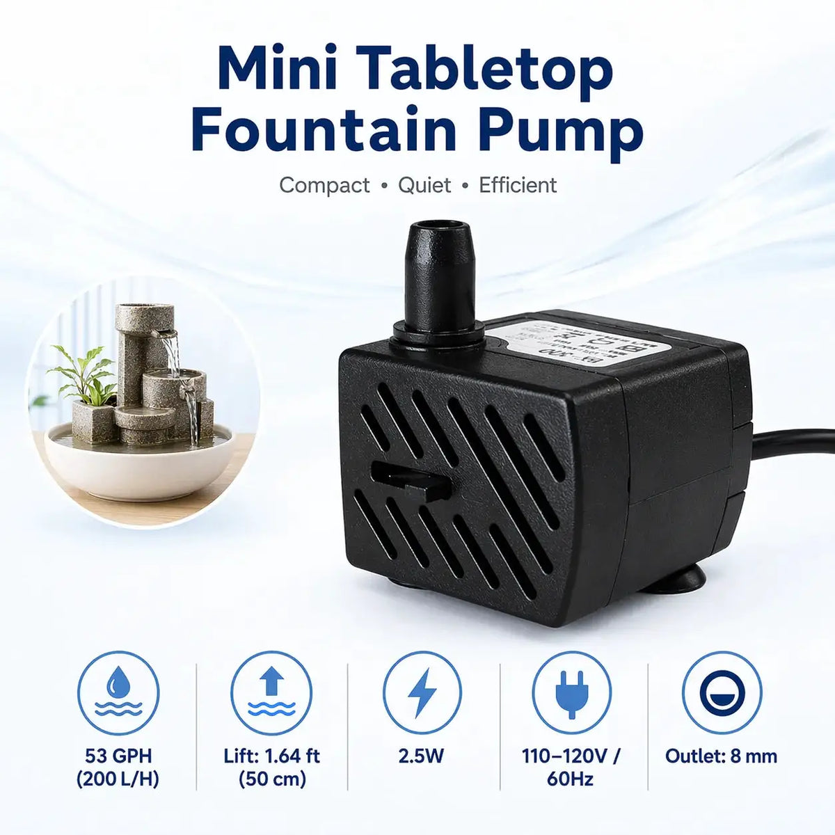 Mini Aquarium Pump | 200LPH Flow | 110V Only | Quiet Submersible