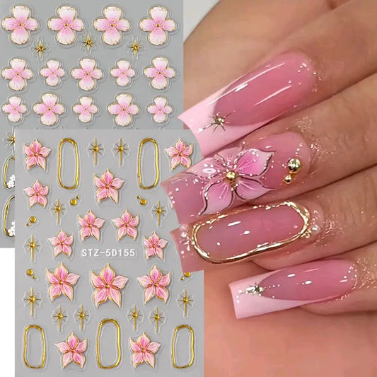 5D Floral Embossed Nail Stickers Bronzing Hibiscus Flower Petals Star Frame Elegant Nail Art Decals for Spring Summer Decor from PriceLows™