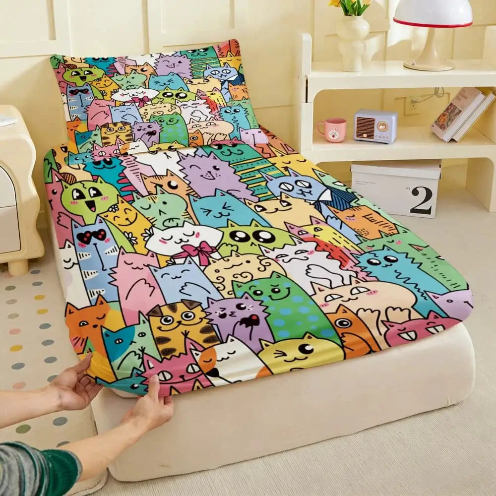 1pc Colorful Cartoon Cat Doodle Print Fitted Sheet Deep Pocket Elastic Mattress Cover Single Double Queen King Bedroom Decor from PriceLows™