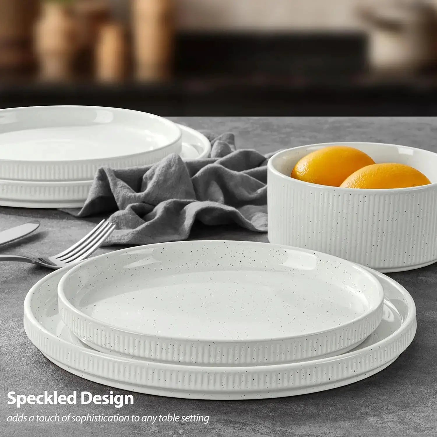 Dinnerware Sets with Pasta Bowls for 4, 16 Piece Stoneware Plates and Bowls Set, Speckled White from PriceLows™