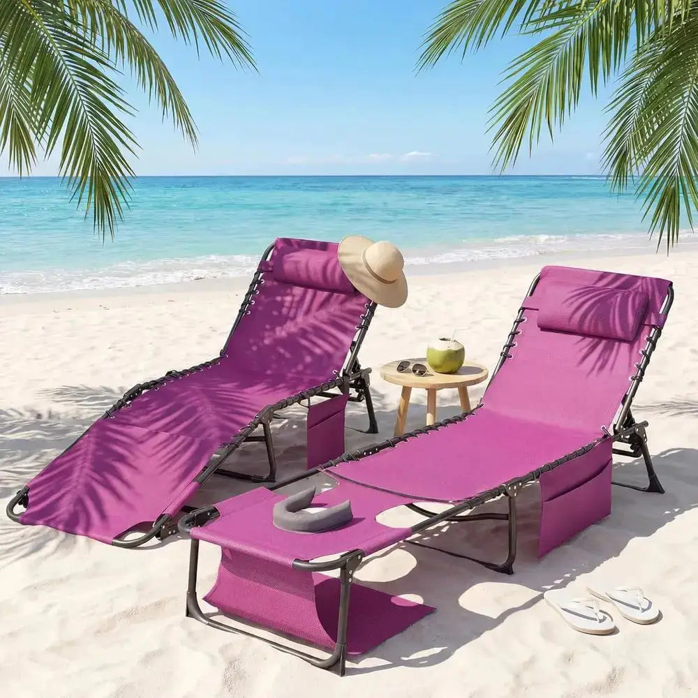 Wide Adjustable 5-Position Outdoor Chaise Lounge Chair with Armholes for Pool, Beach, Lawn (Pink) from PriceLows™