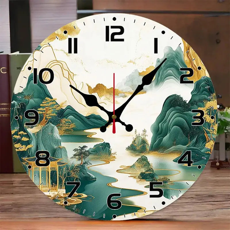 DIY 2D Flat Chinese Landscape Wooden Round Silent Hanging Wall Clock, Suitable For Living Room, Office, Study Room, Bedroom, Home from PriceLows™